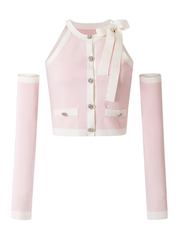 Contrast Color Sleeveress Knitted Top & PLEATED SKIRT & SLEEVE