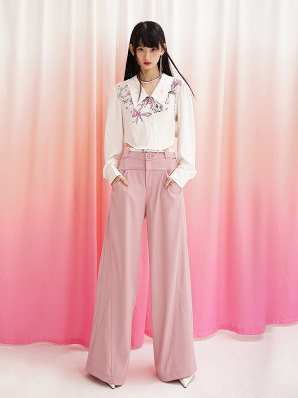 높은 허리 드레이프 넓은 다리 바지