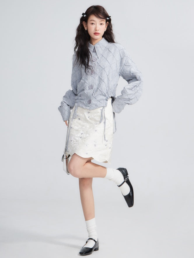 Rhombus Textured Waist Drawstring Short Shirt