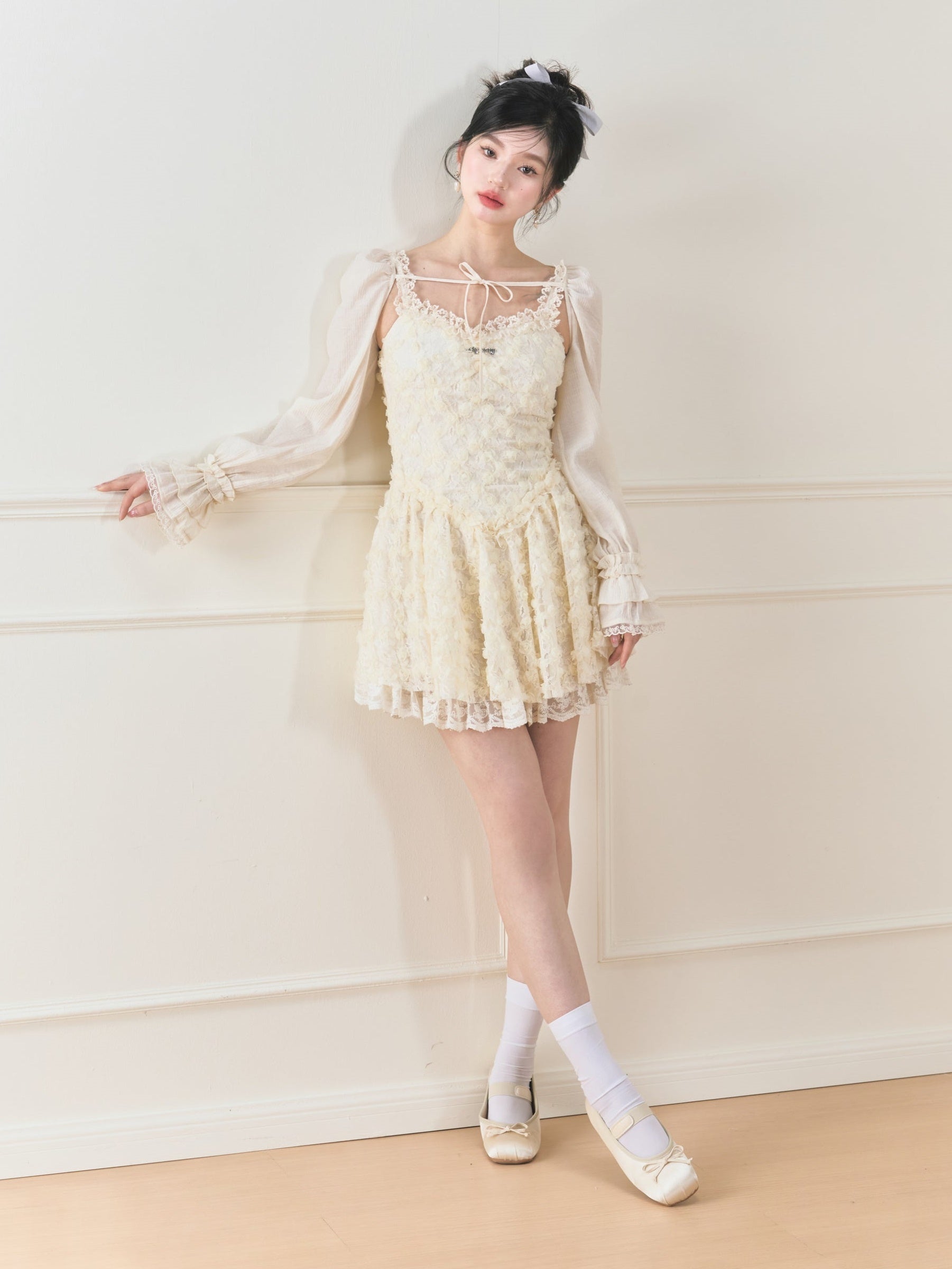 Flower Suspenders Fluffy Dress & Sunscreen Long-sleeved