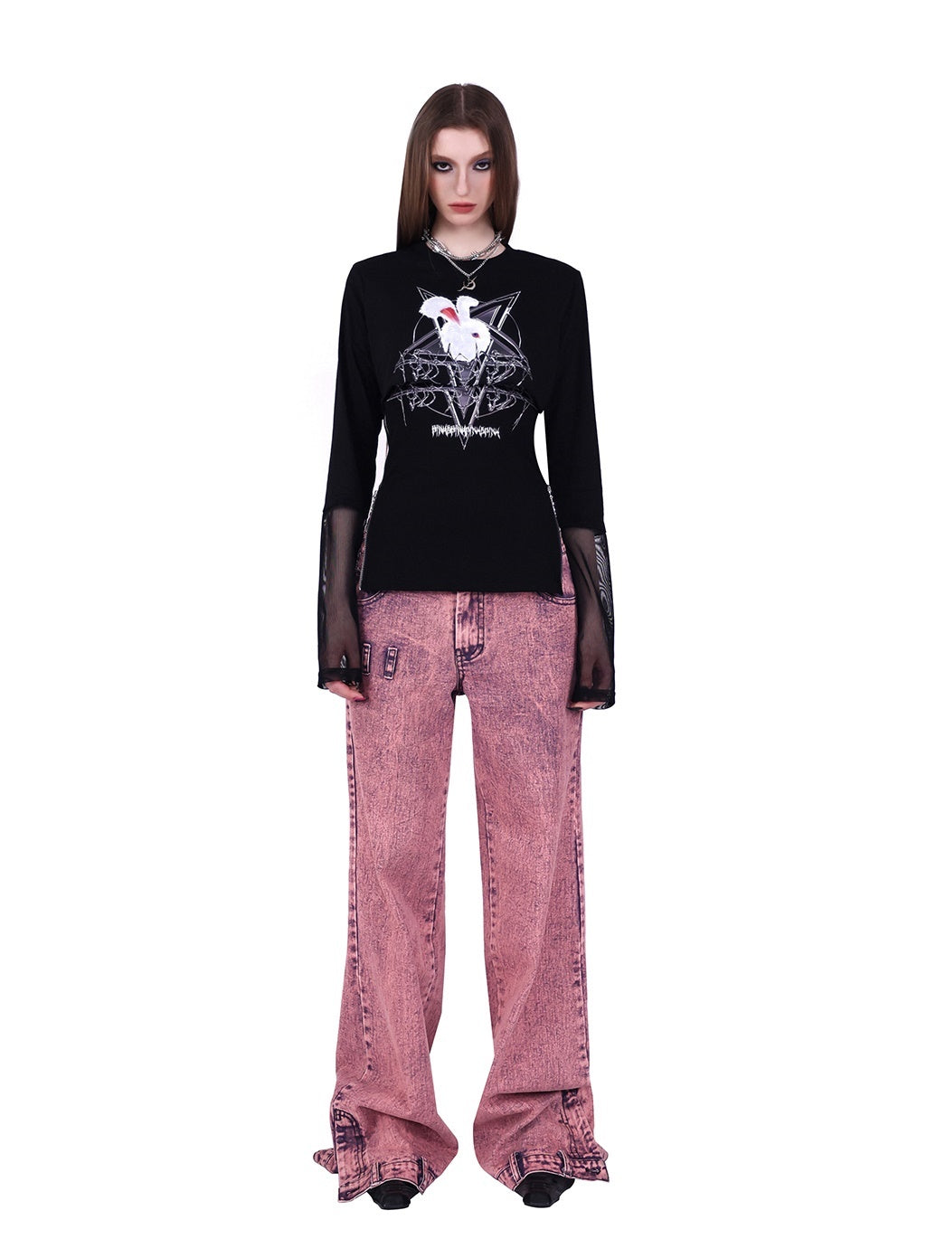 Rock Rabbit Stitching Mesh T-Shirt & Camisole Set