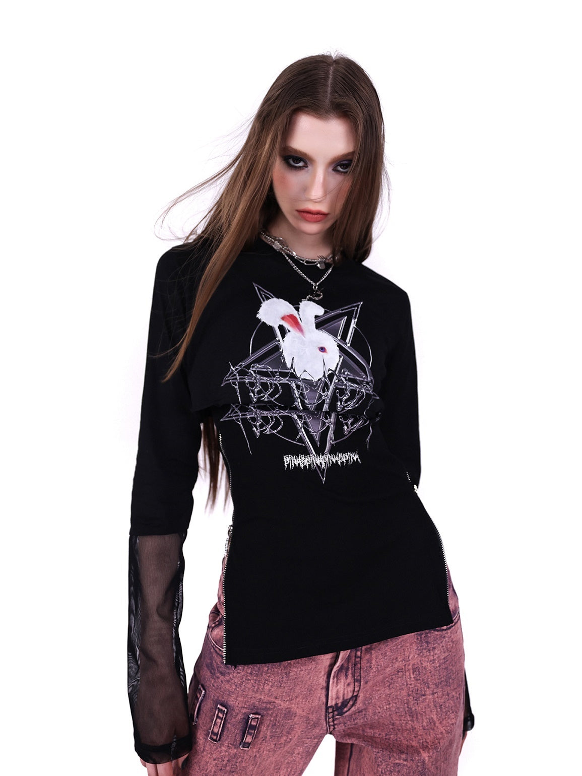 Rock Rabbit Stitching Mesh T-Shirt & Camisole Set