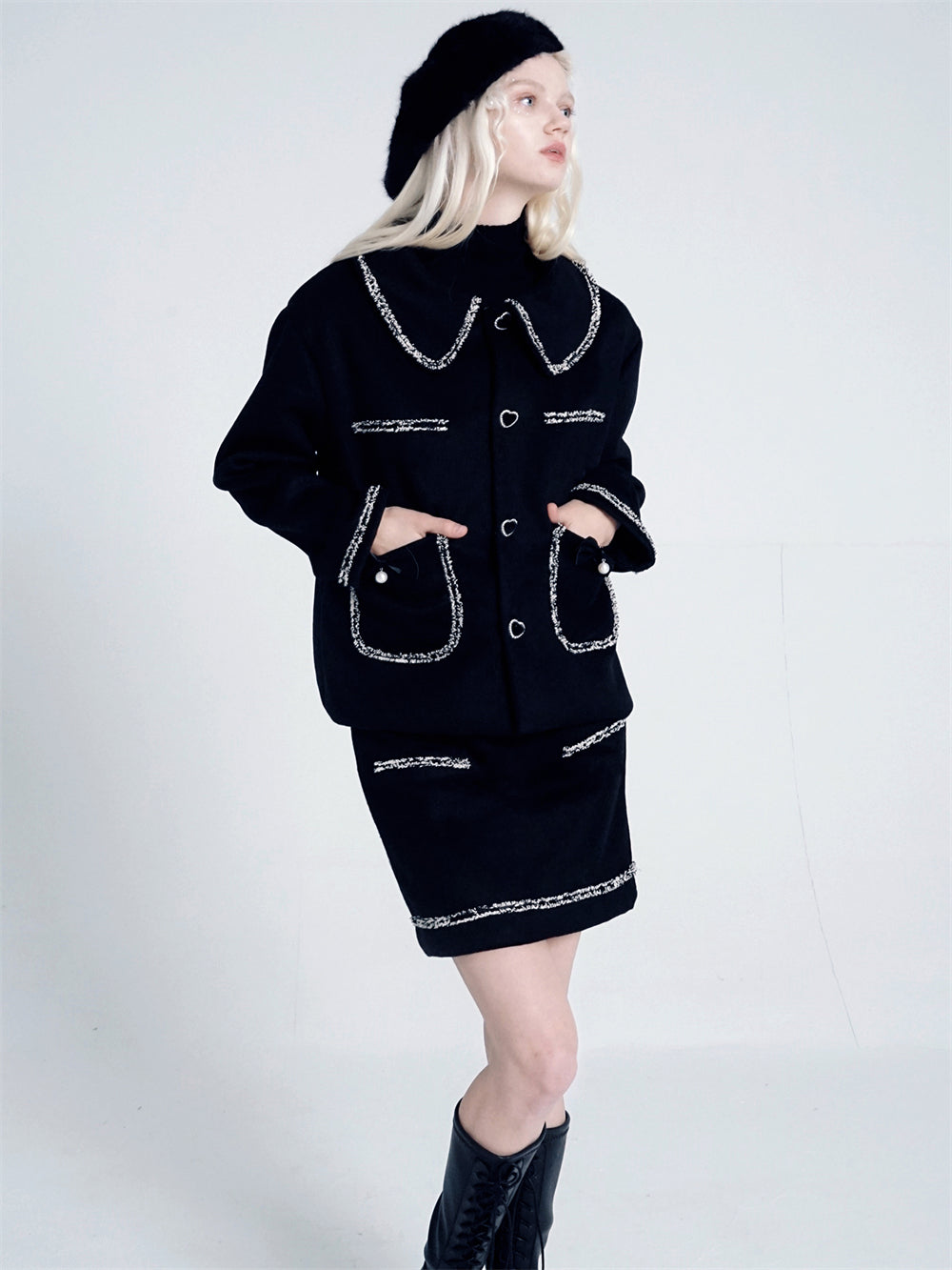 양모 스티치 슈트 고급 재킷 및 스커트