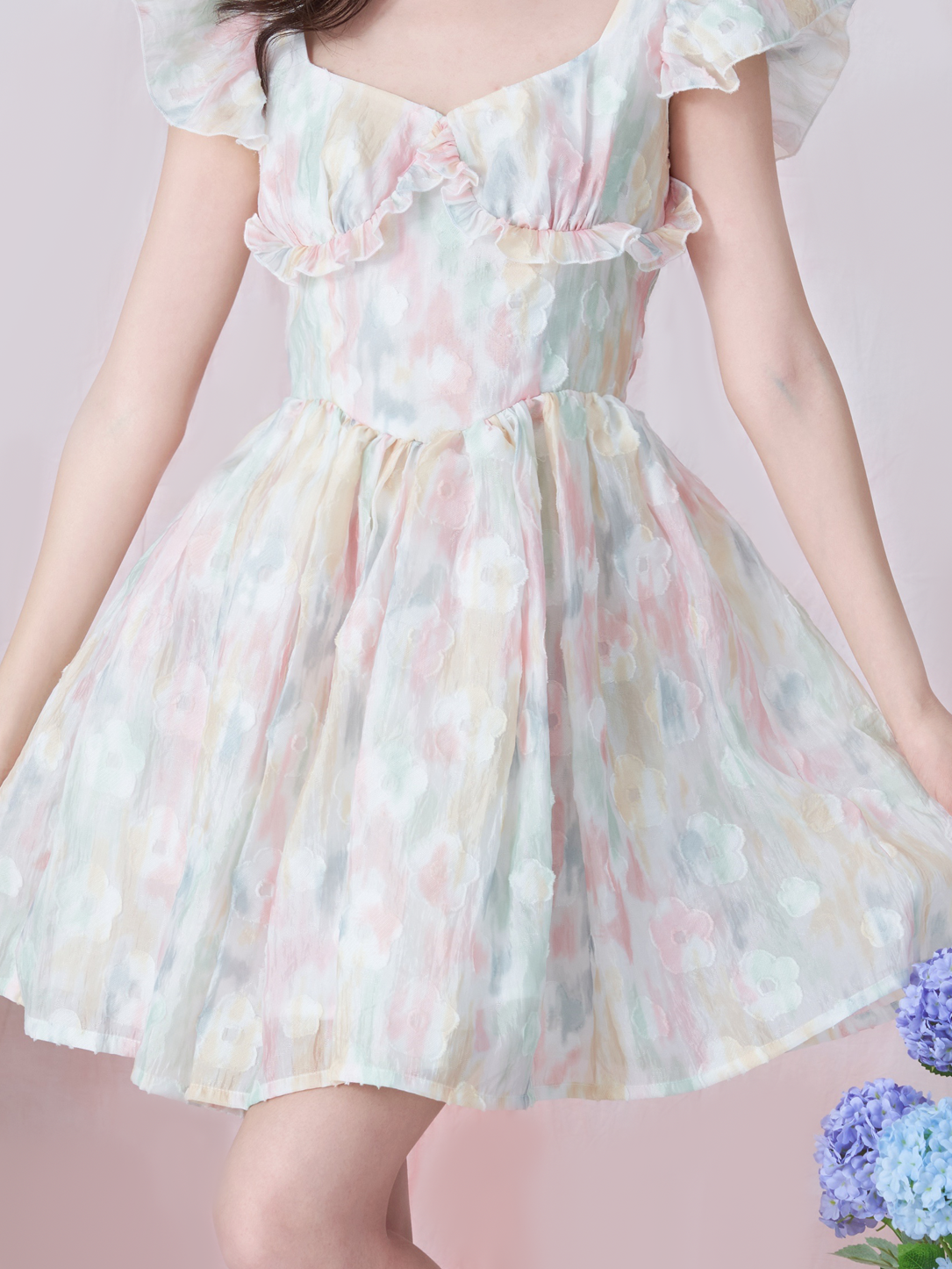 넥타이 염색 프릴 달콤한 꽃 원피스