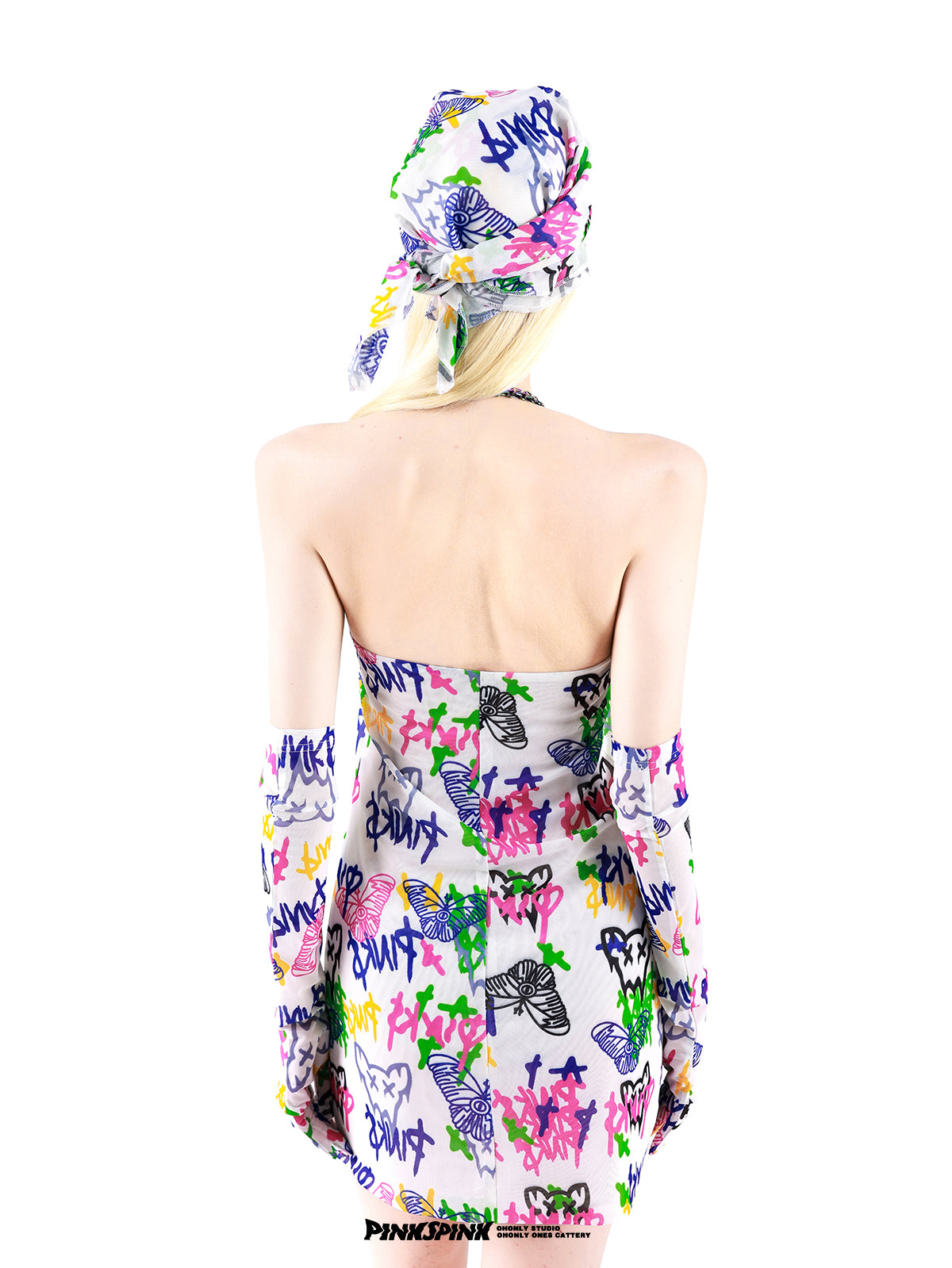 Graffiti Suspenders asymmetrical Necklace Slim Dress with Gloves