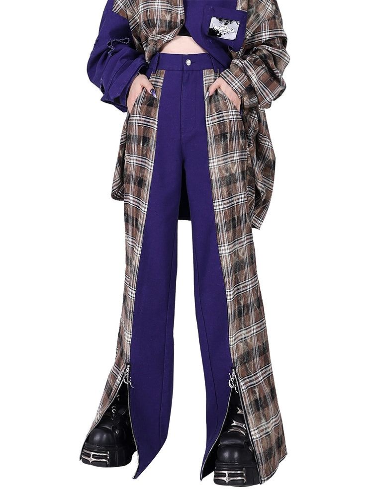Zipper Stitching Plaid Wide-Leg Pants