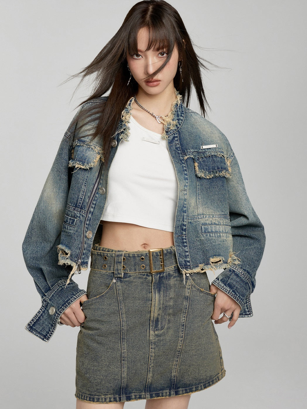 High -Waisted Split a -line Denim Skirt