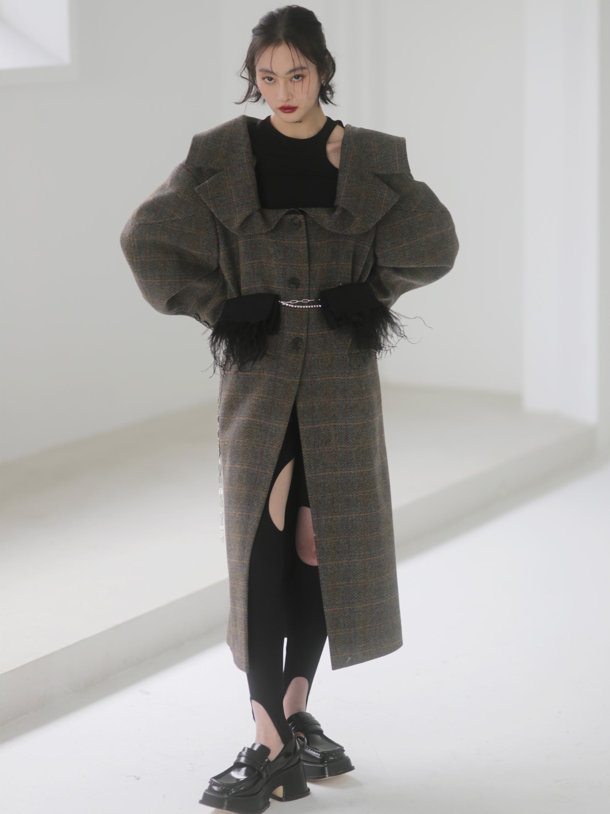 THREE-DIMENSIONAL GENEROUS COLLAR PLAID WOOL LONG COAT