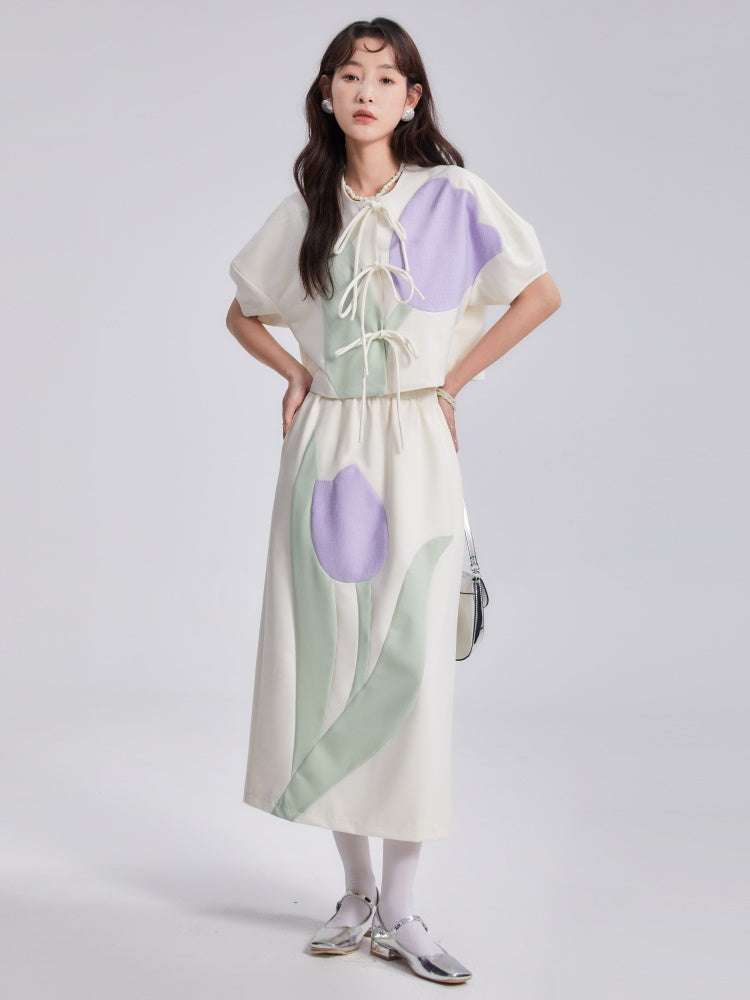 Tulip Bow Short-Sleeed Top & Skirt