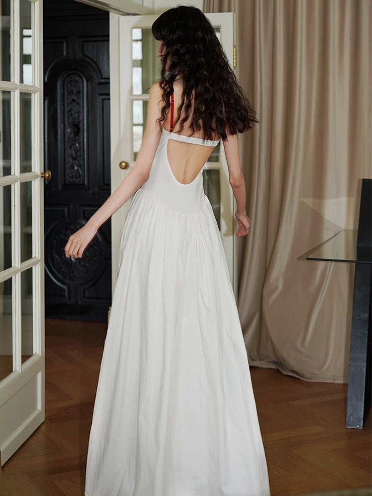 Embroidered Long Backless Sling Dress