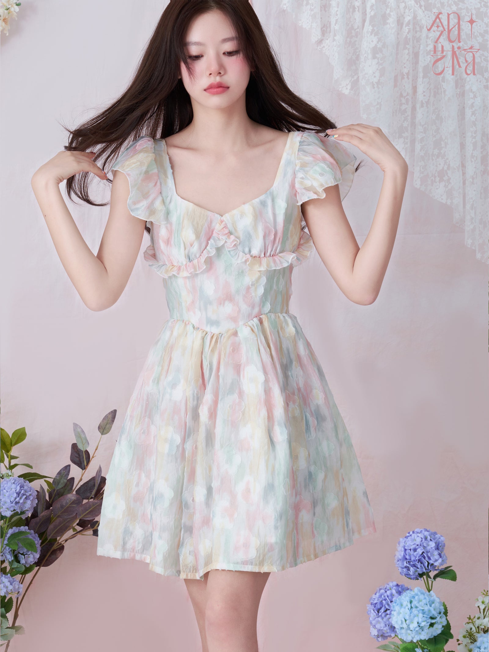 넥타이 염색 프릴 달콤한 꽃 원피스
