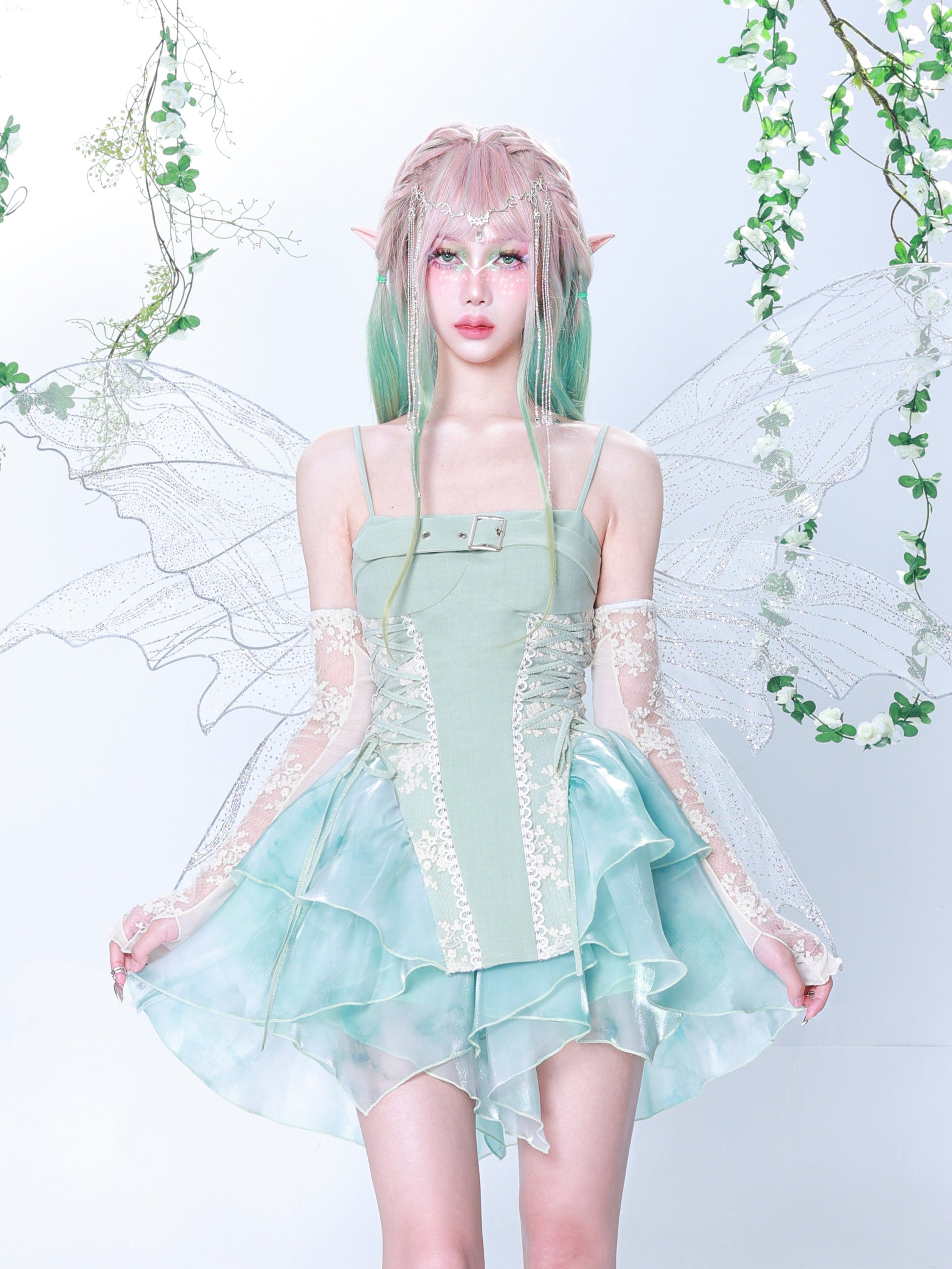 Lace Stitching Tie-Dye Print Suspender Dress