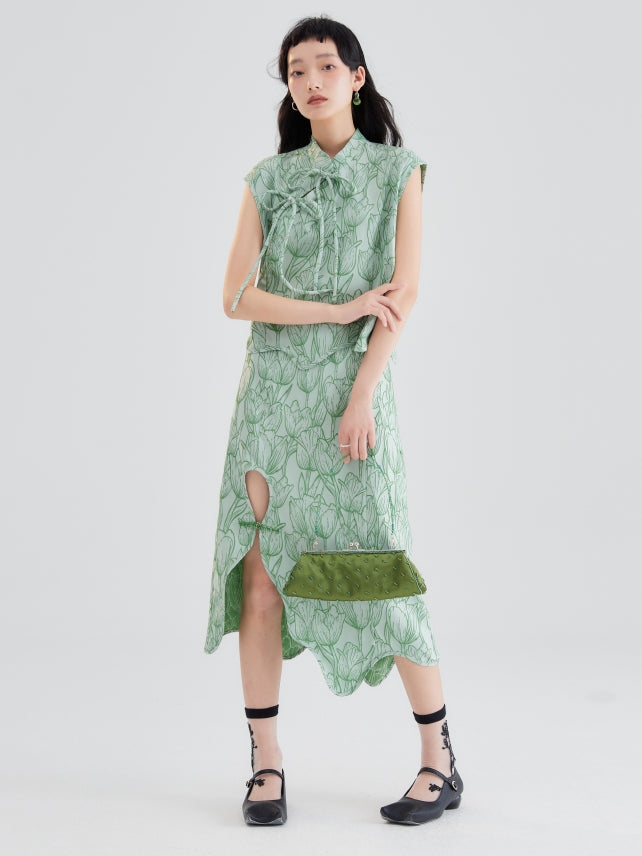 튤립 자카드 버튼 불규칙한 치마