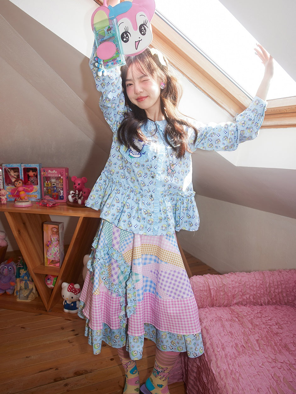 Plaid Stitching Ruffle Puff Skirt