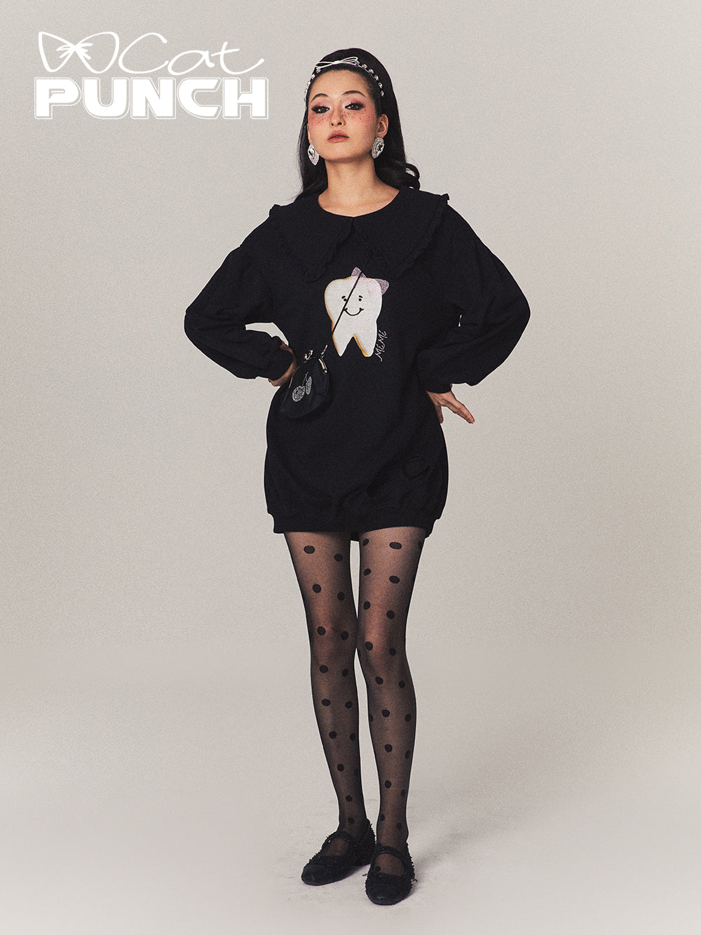 Teeth Oversize Damage Frill Casual Pop Pullover