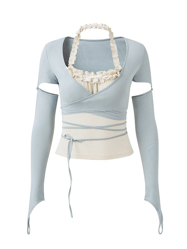 Halter-neck Frill Camisole & Strap Short Cardigan Set-up