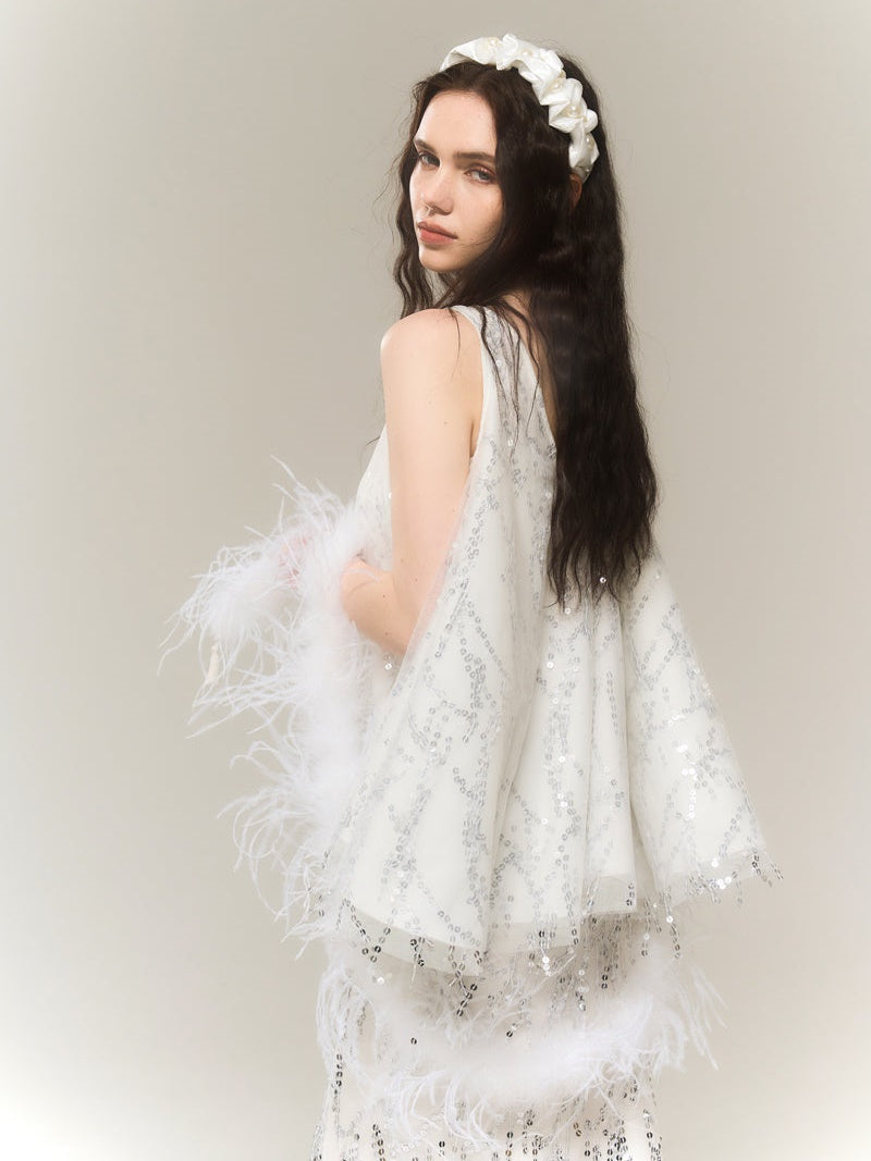 SEQUINED MESH IRREGULAR BLOUSE & SEQUINED SKIRT