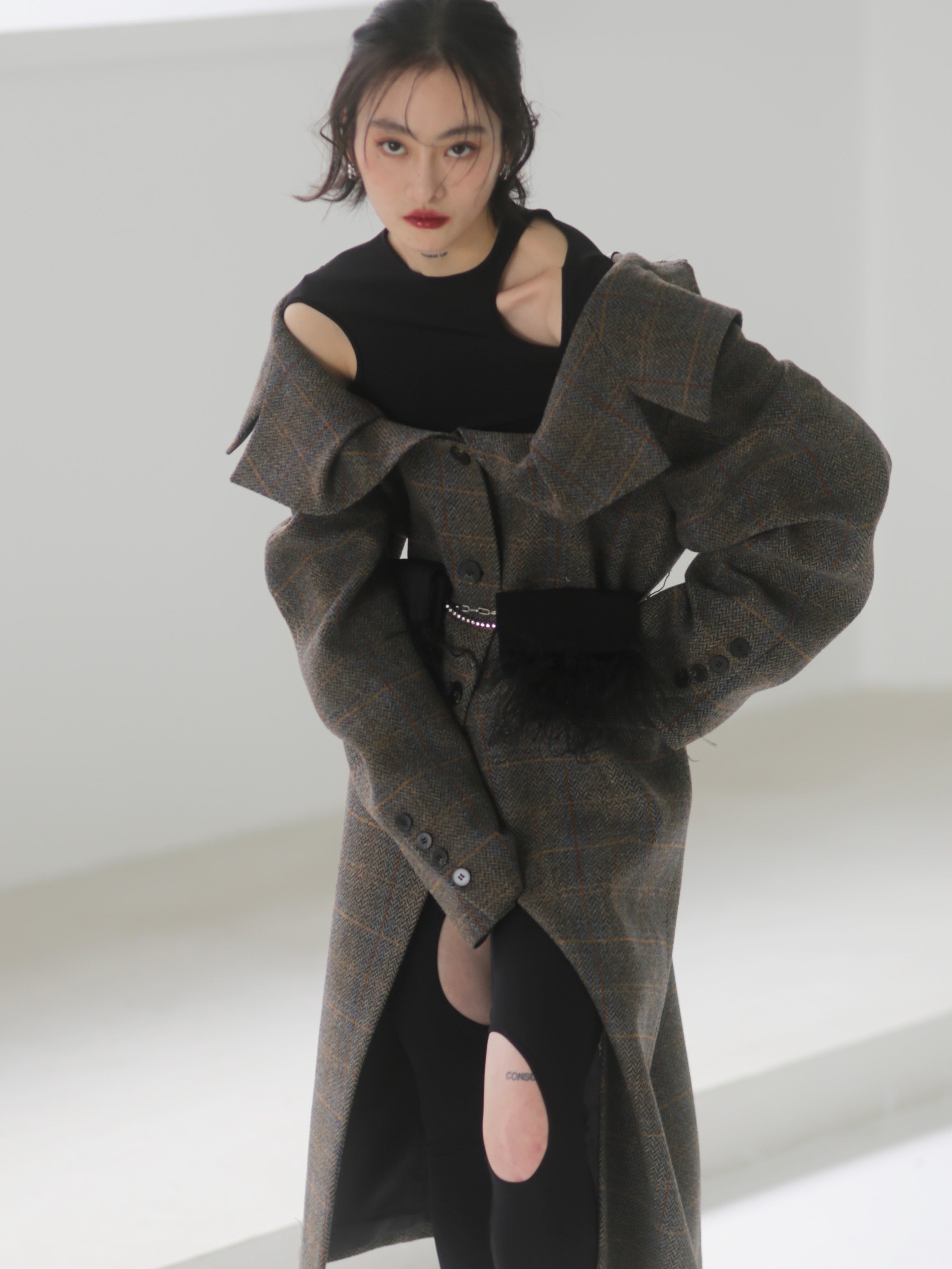 THREE-DIMENSIONAL GENEROUS COLLAR PLAID WOOL LONG COAT