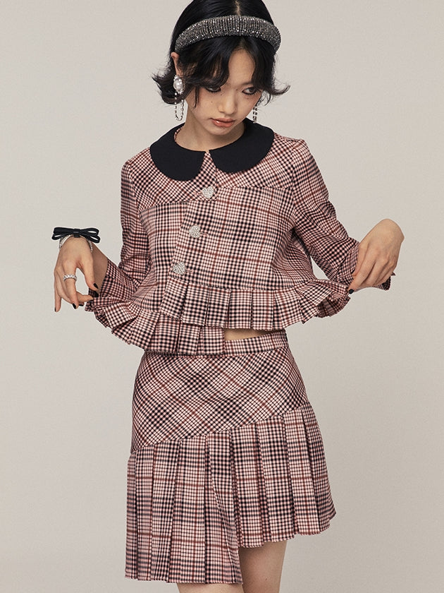 비대칭 격자 무늬 주름 치마