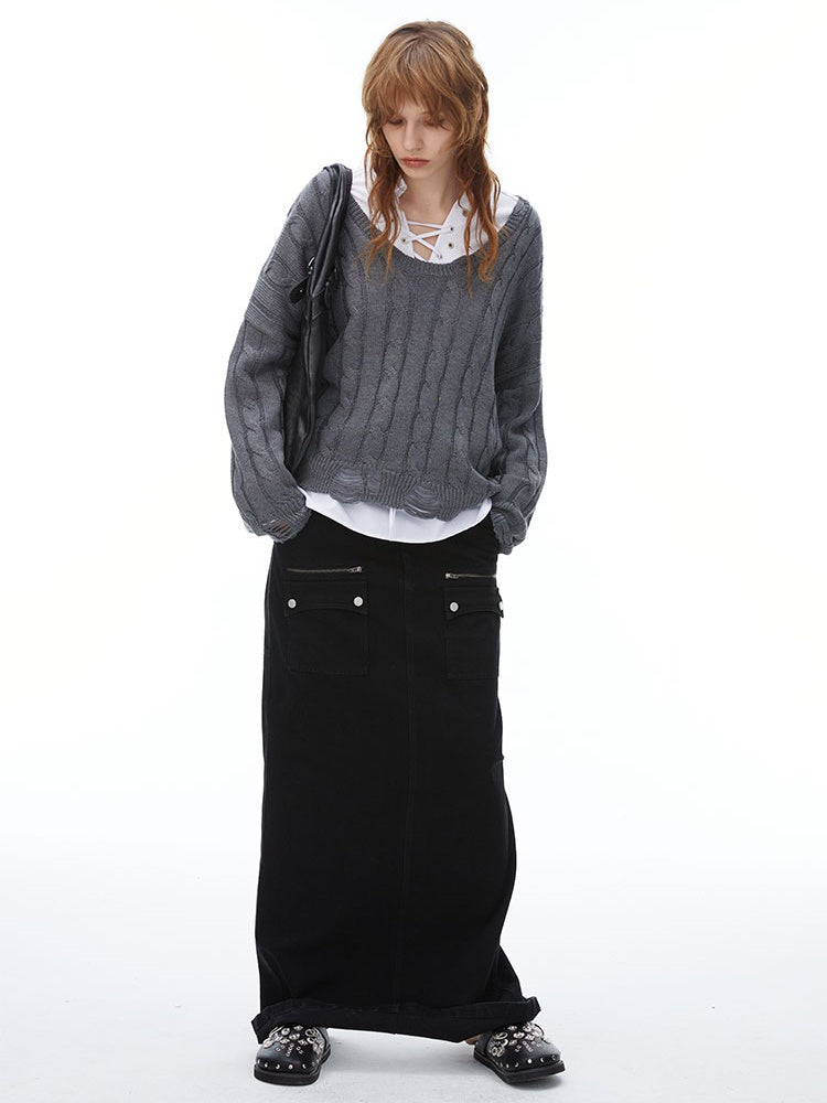 포켓 데님 맥시 저층 치마