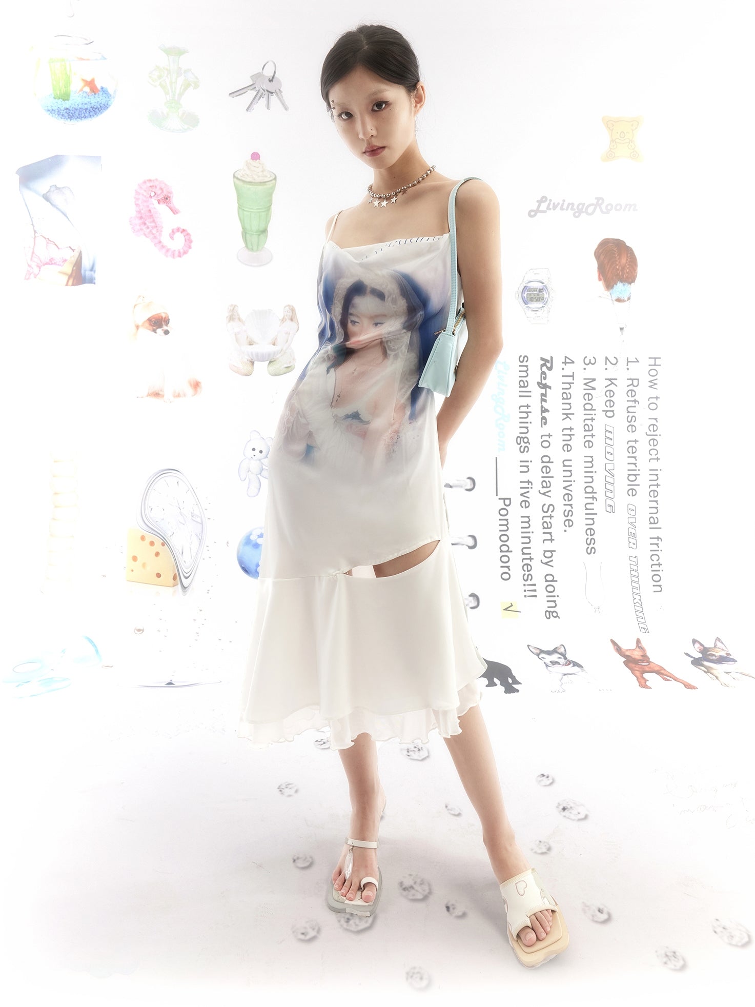 초상화 인쇄 비대칭 헴 슬립 드레스