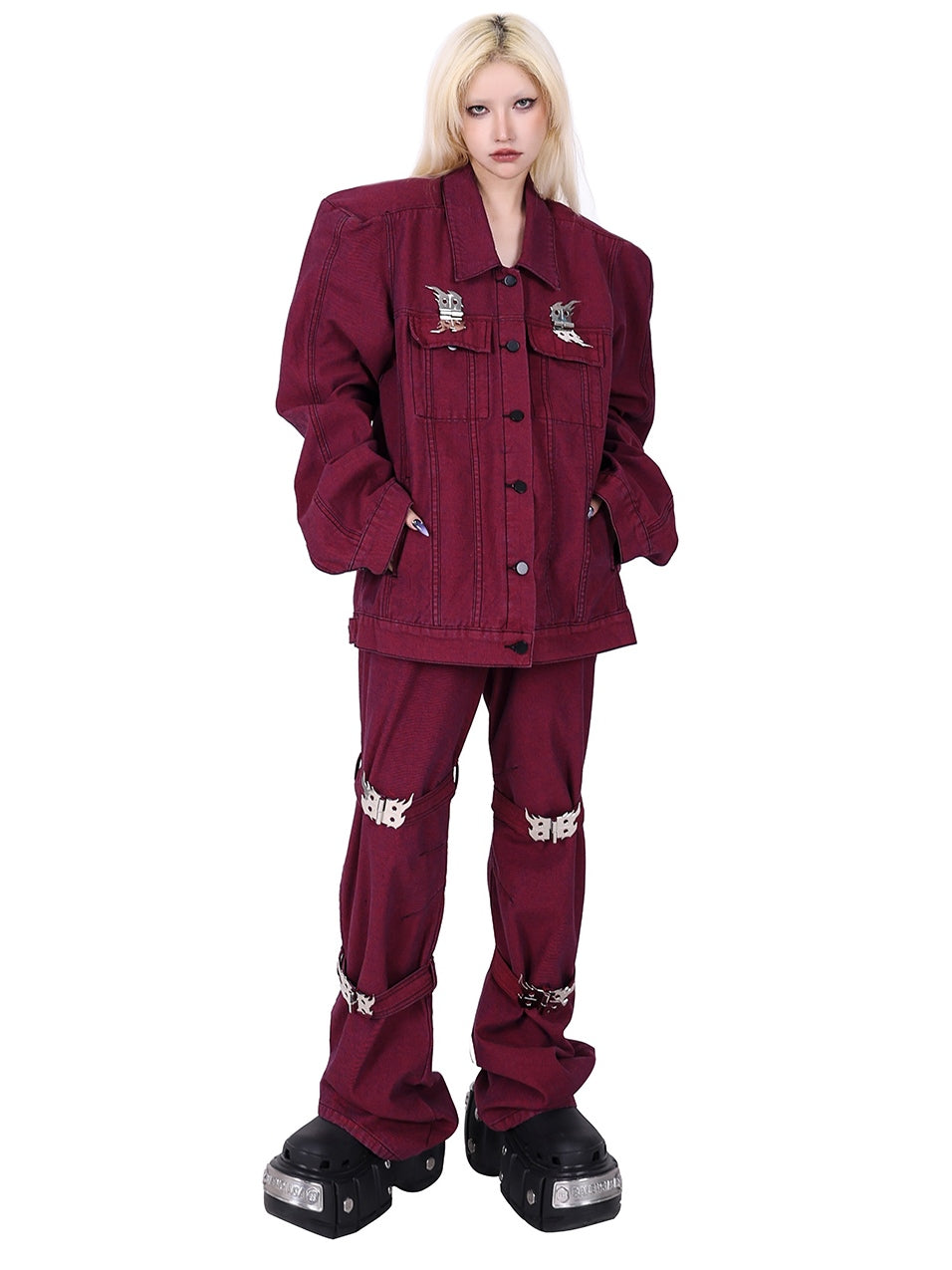 Flame Buckle Shoulder Pad Denim Jacket