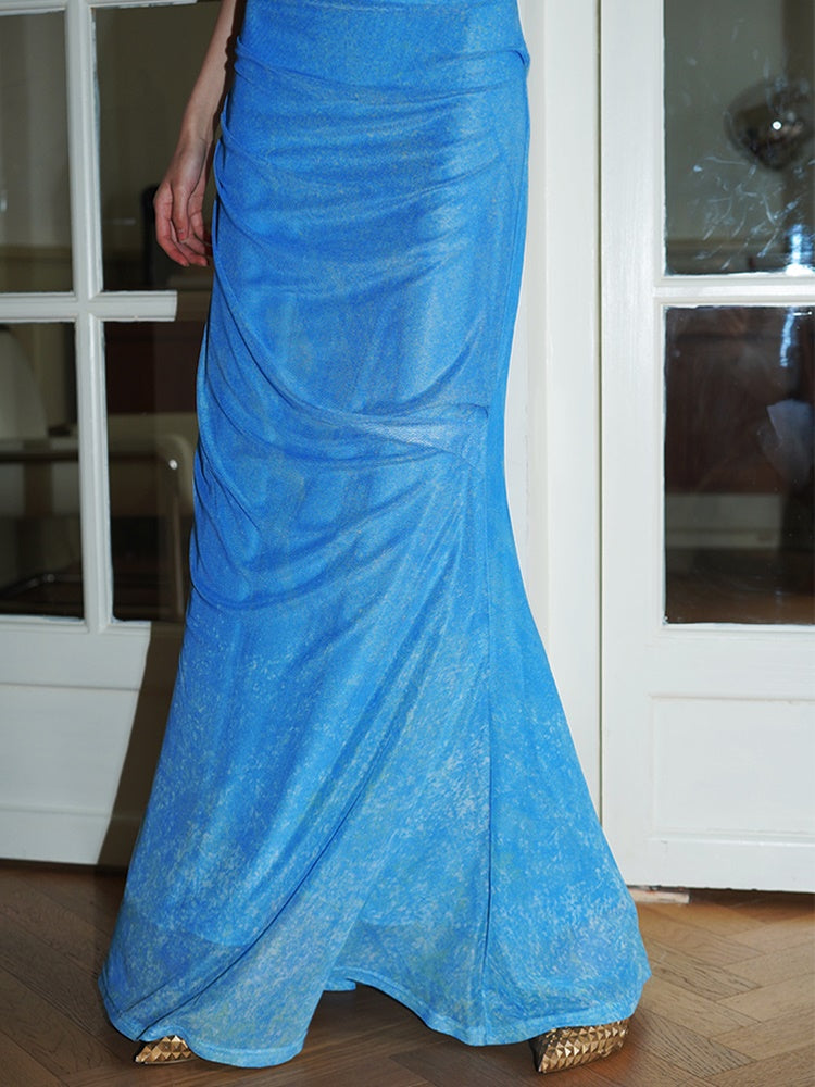 중국 인쇄 메시 긴 뒤쪽 드레스