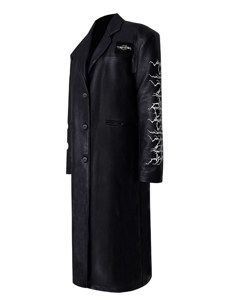 쇼더 패드 PU 긴 가죽 자켓