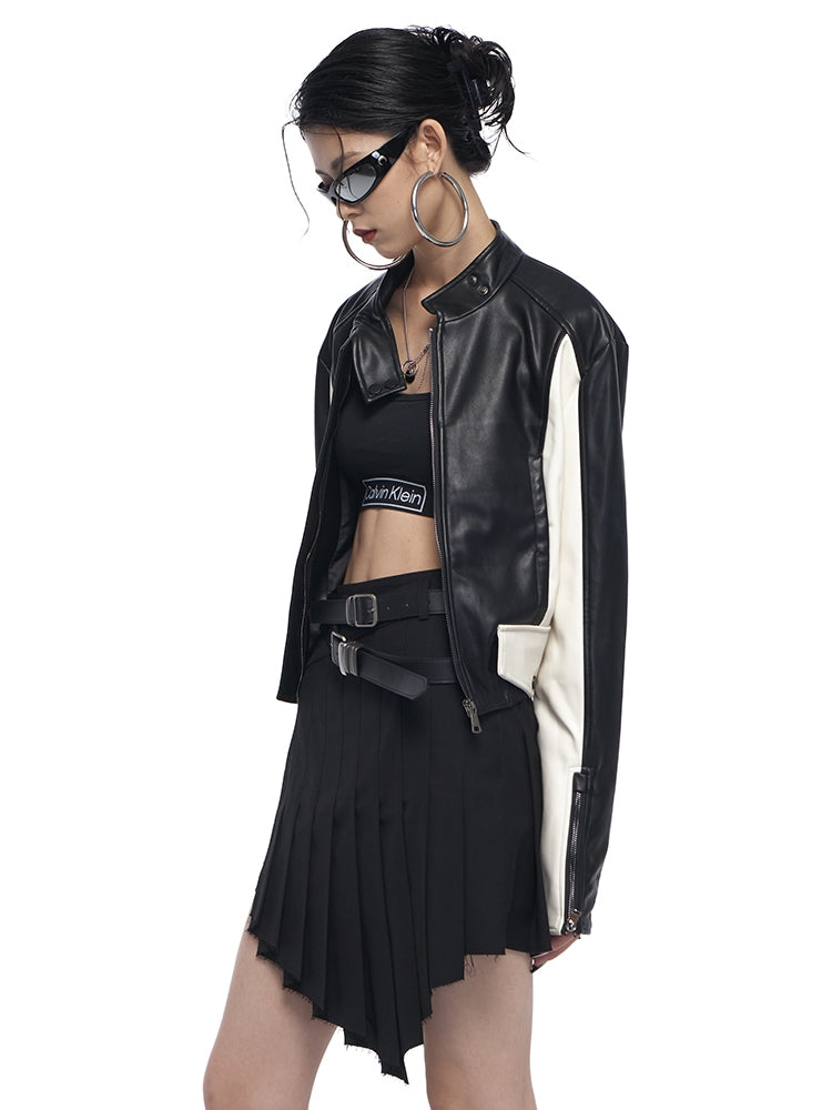 Contrast Color Stand Collar Short Leather Jacket