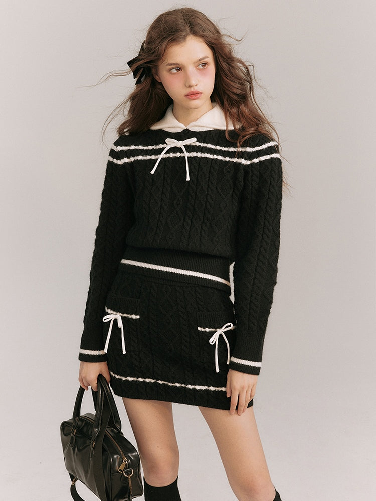 케이블 니트 대비 색상 스웨터 및 스커트