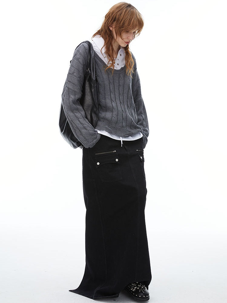 포켓 데님 맥시 저층 치마