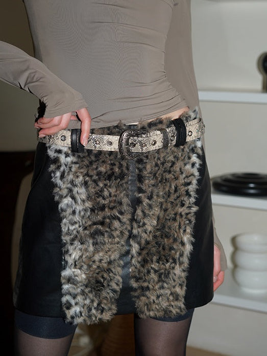 Leopard Fur Stitching Short A-Line Skirt