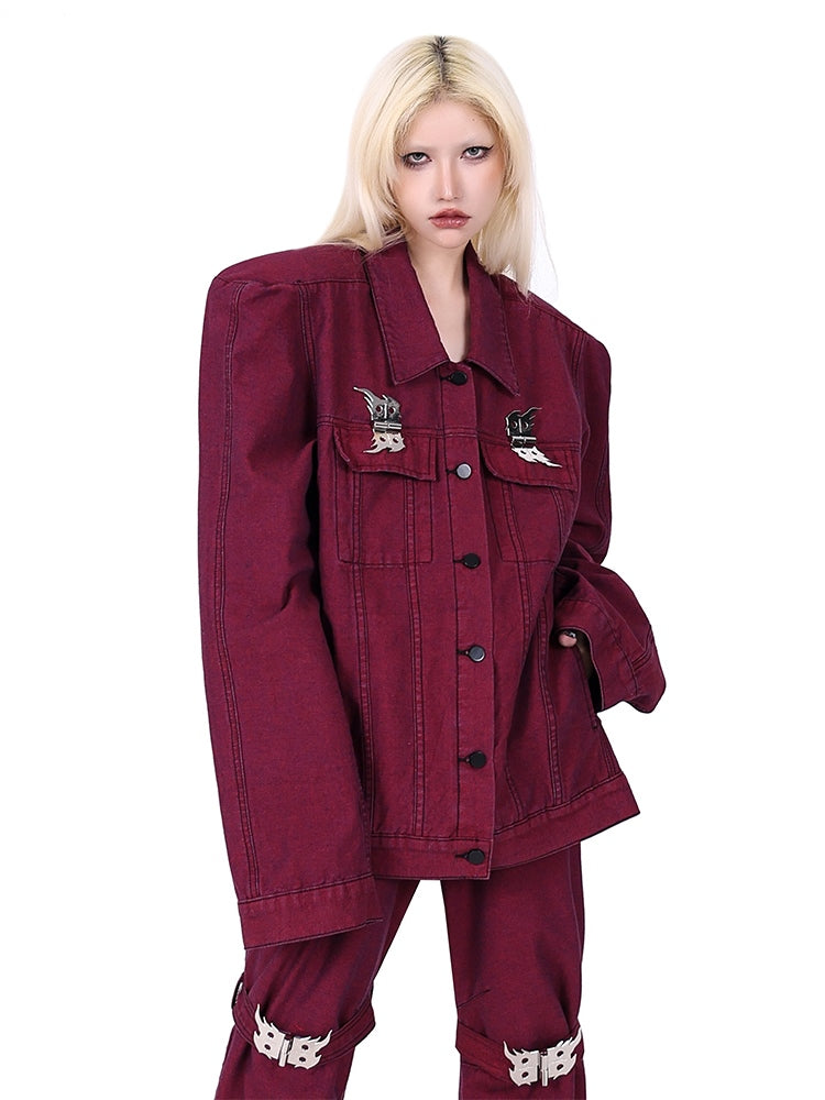Flame Buckle Shoulder Pad Denim Jacket