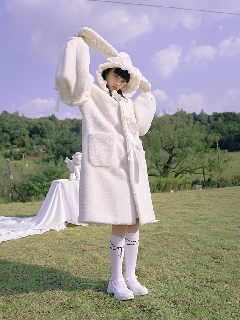토끼 이어 보아 귀여운 리본 코트