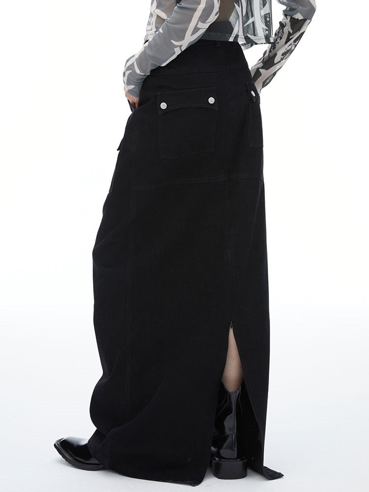 포켓 데님 맥시 저층 치마