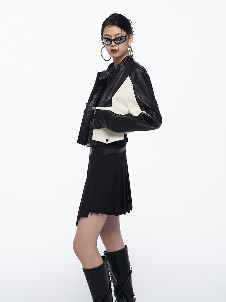 Contrast Color Stand Collar Short Leather Jacket