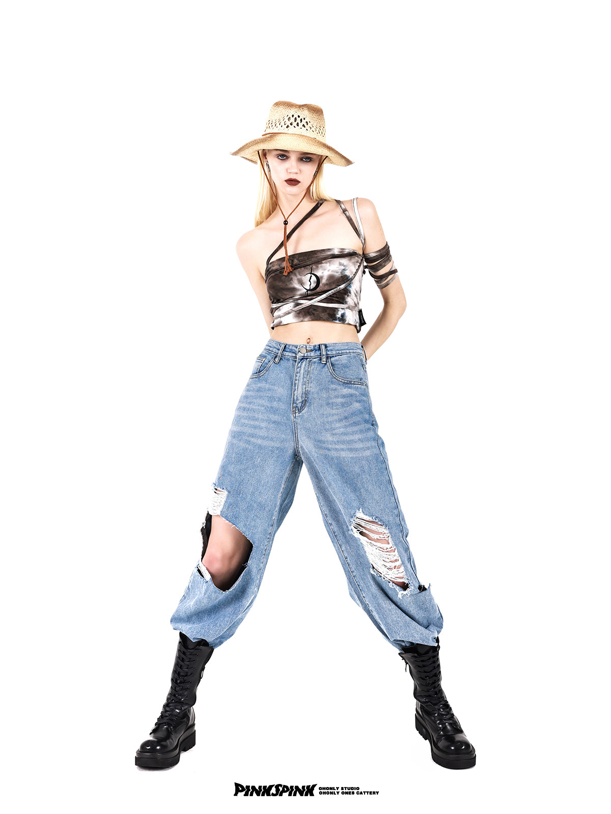 펑크 문 타이 염색 니치 스트라이프 튜브 탑