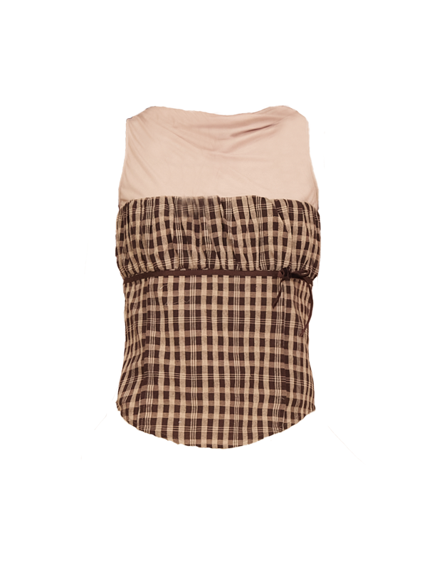 Plaid Splicing Sleevels Top & Short Cardigan