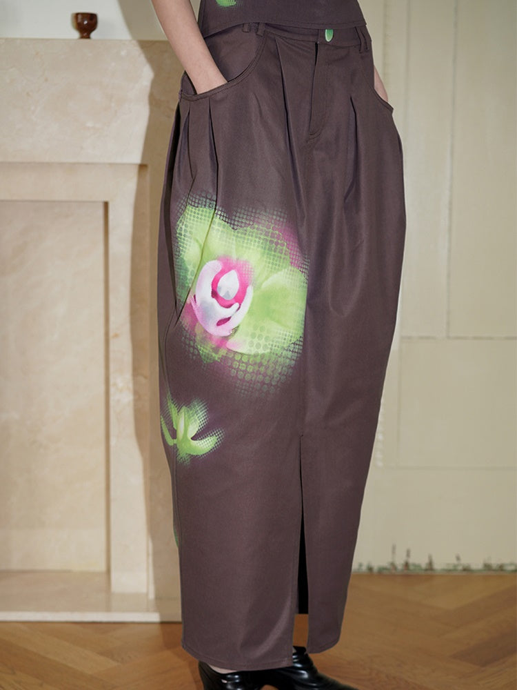 중국 스타일의 플로럴 프린트 버드 스커트