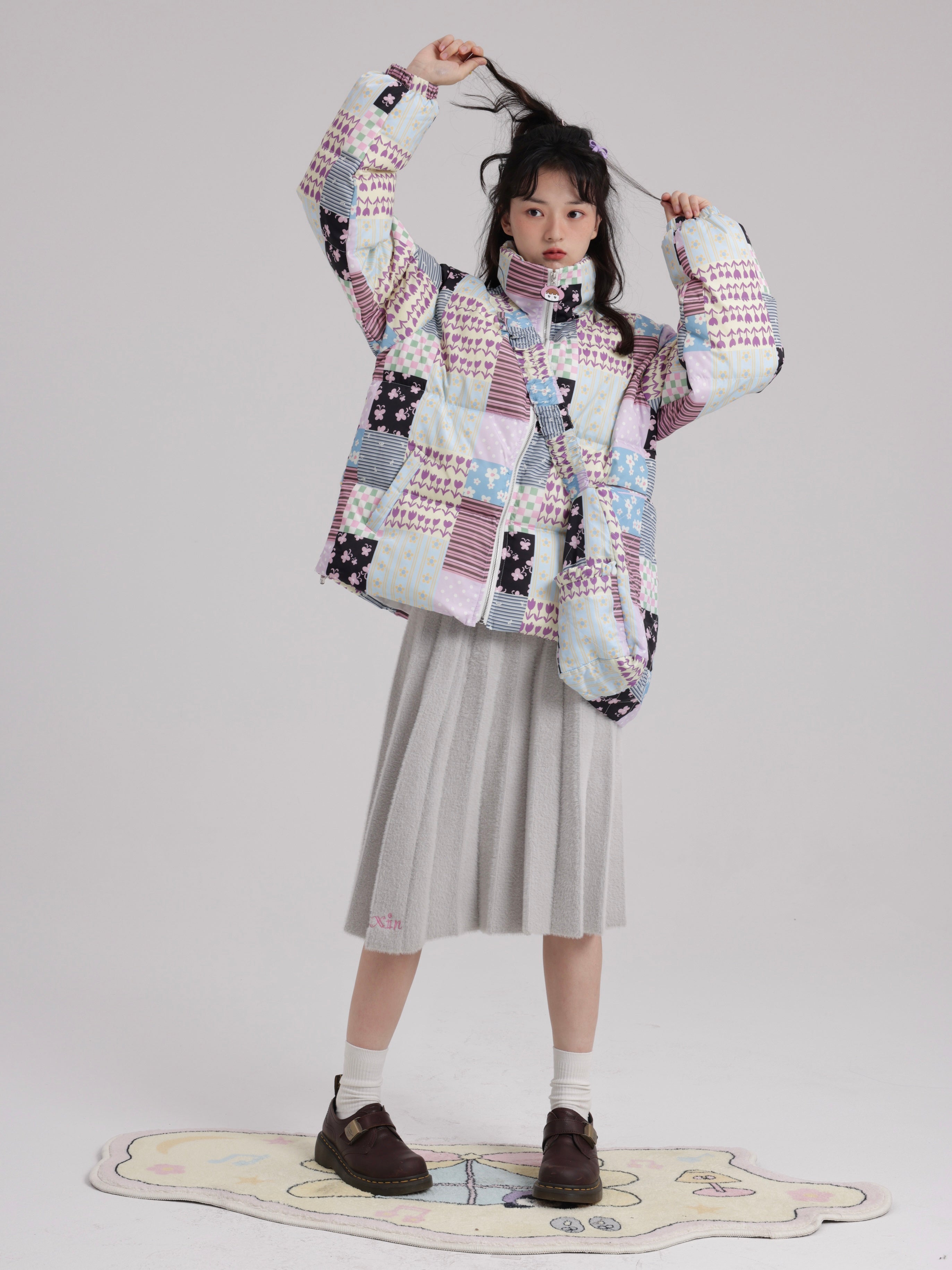 Stitching Printed Zipper Down Jacket