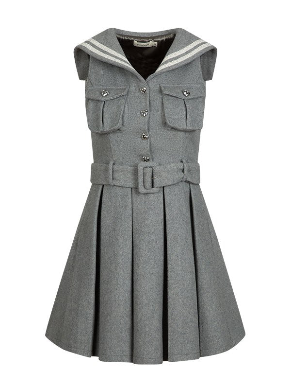 Navy Collar Pleated Dress & Short Jacket