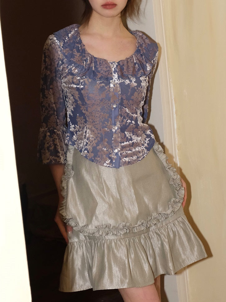 플로럴 프릴 칼라 혼 슬리브 상단