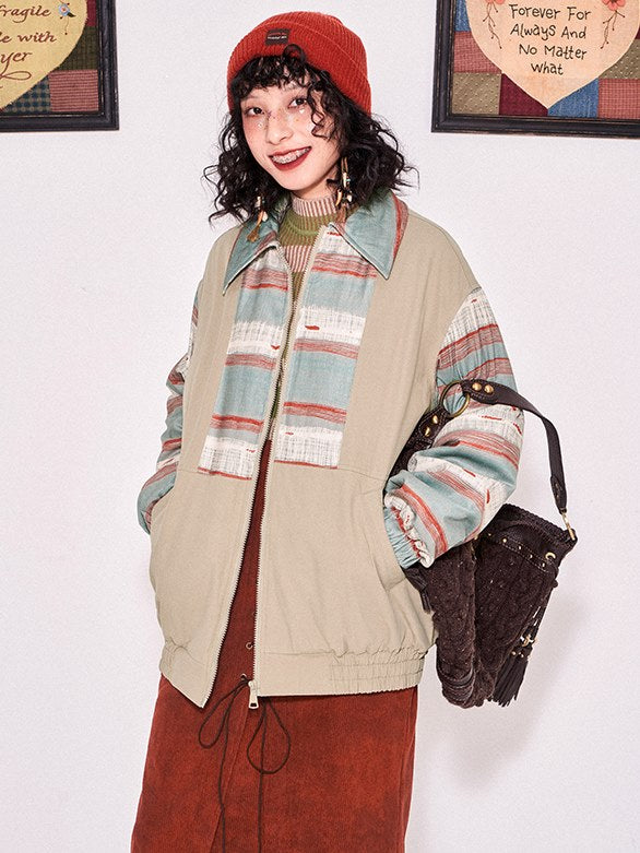 인쇄 패치 워크 드롭 어깨 패딩 재킷