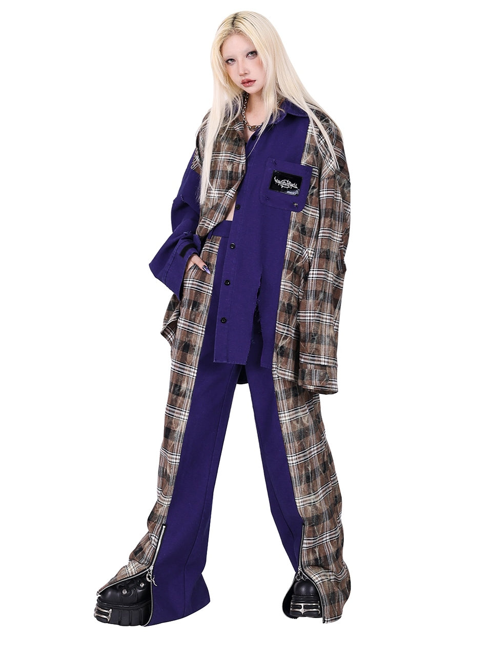 Zipper Stitching Plaid Wide-Leg Pants