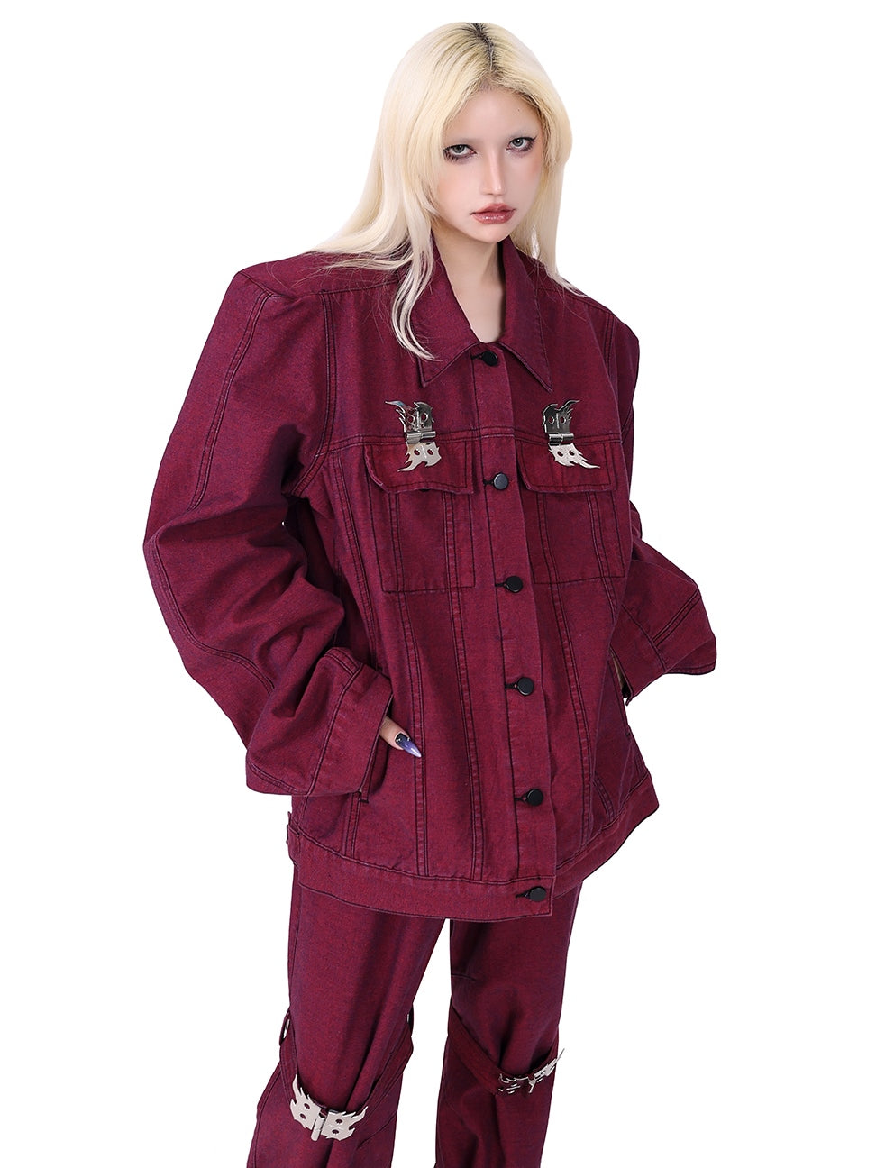 Flame Buckle Shoulder Pad Denim Jacket