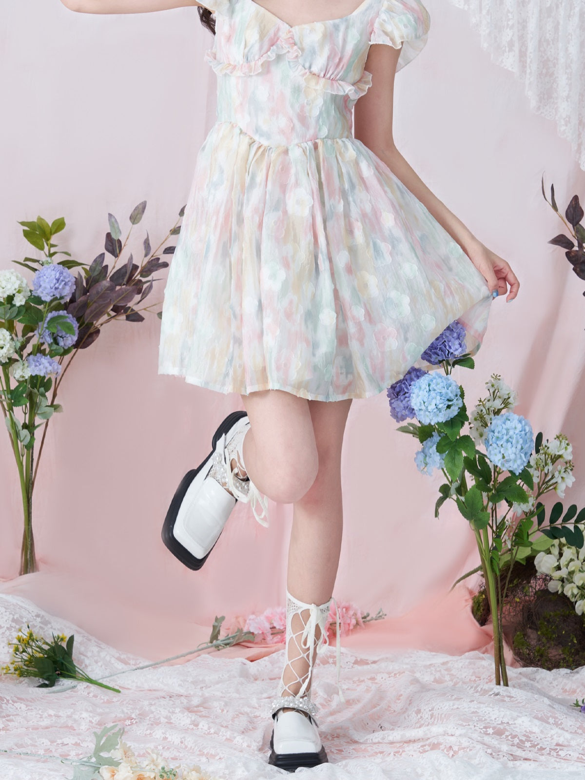 넥타이 염색 프릴 달콤한 꽃 원피스
