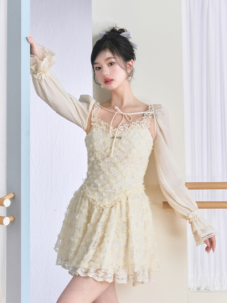 Flower Suspenders Fluffy Dress & Sunscreen Long-sleeved