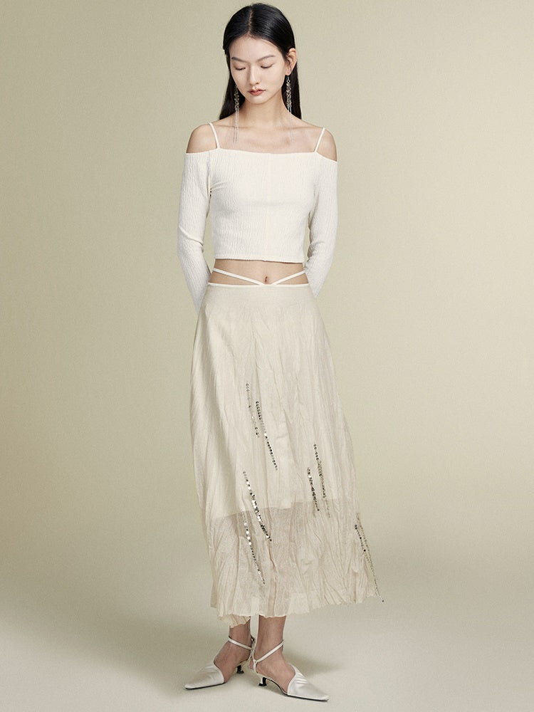 Silver Chain Decoration Sheer Wrinkled Skirt