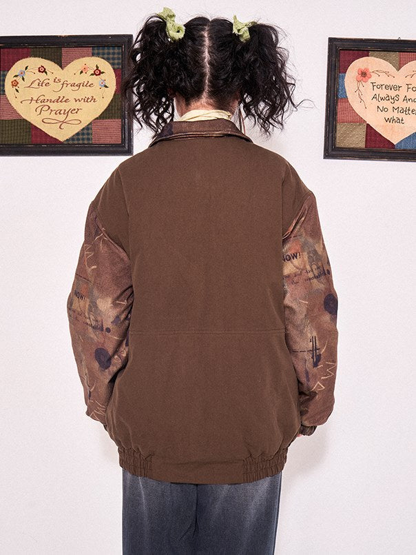 인쇄 패치 워크 드롭 어깨 패딩 재킷