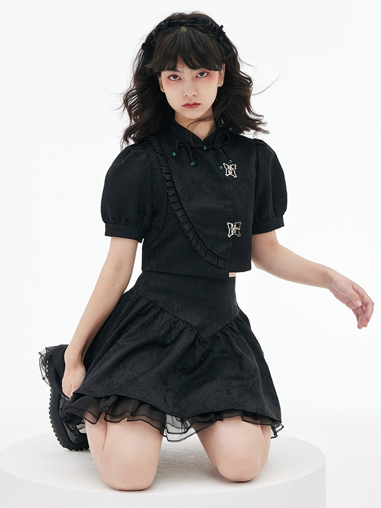 중국 스타일의 금속 나비 버클 탑 & 스커트